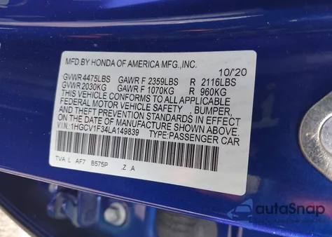 2020 Honda Accord Sport from USA, damaged, VIN 1HGCV1F34LA149839